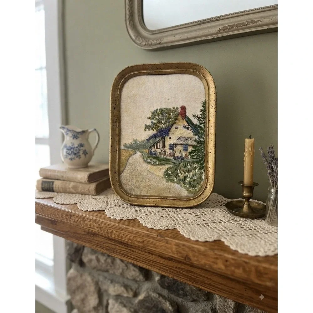 Vintage Hand Embroidered Needlepoint Cottage Art Gold Frame 6.5x5 Countryside